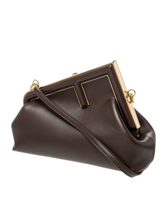 Fendi First Small Brown Leather Bag Gold FF Clutch Crossbody Authentic - Picture 3 of 7